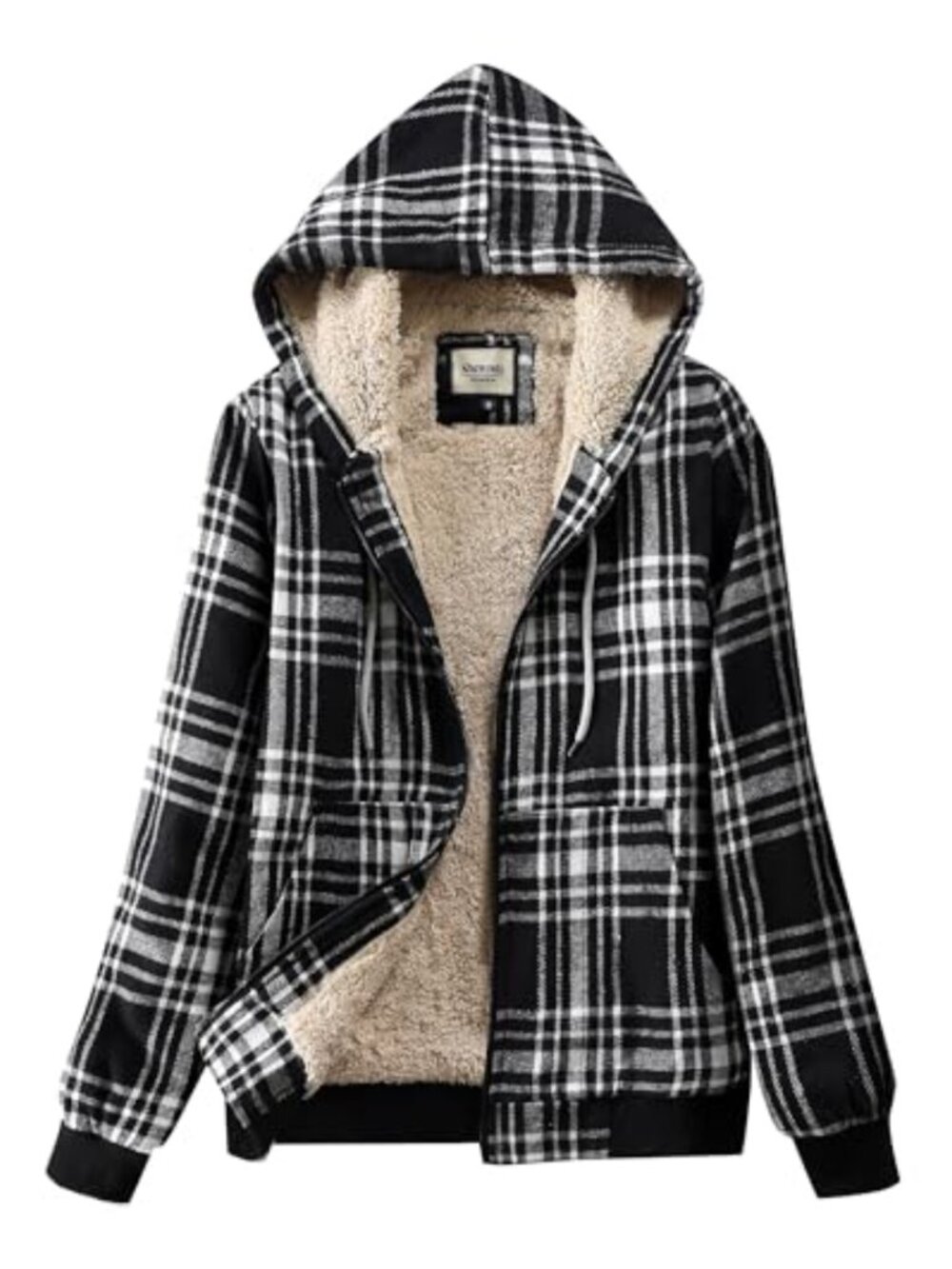 Sherpa Lined Plaid Zip Up Hoodie Jacket Cotton Polyester Winter Coat